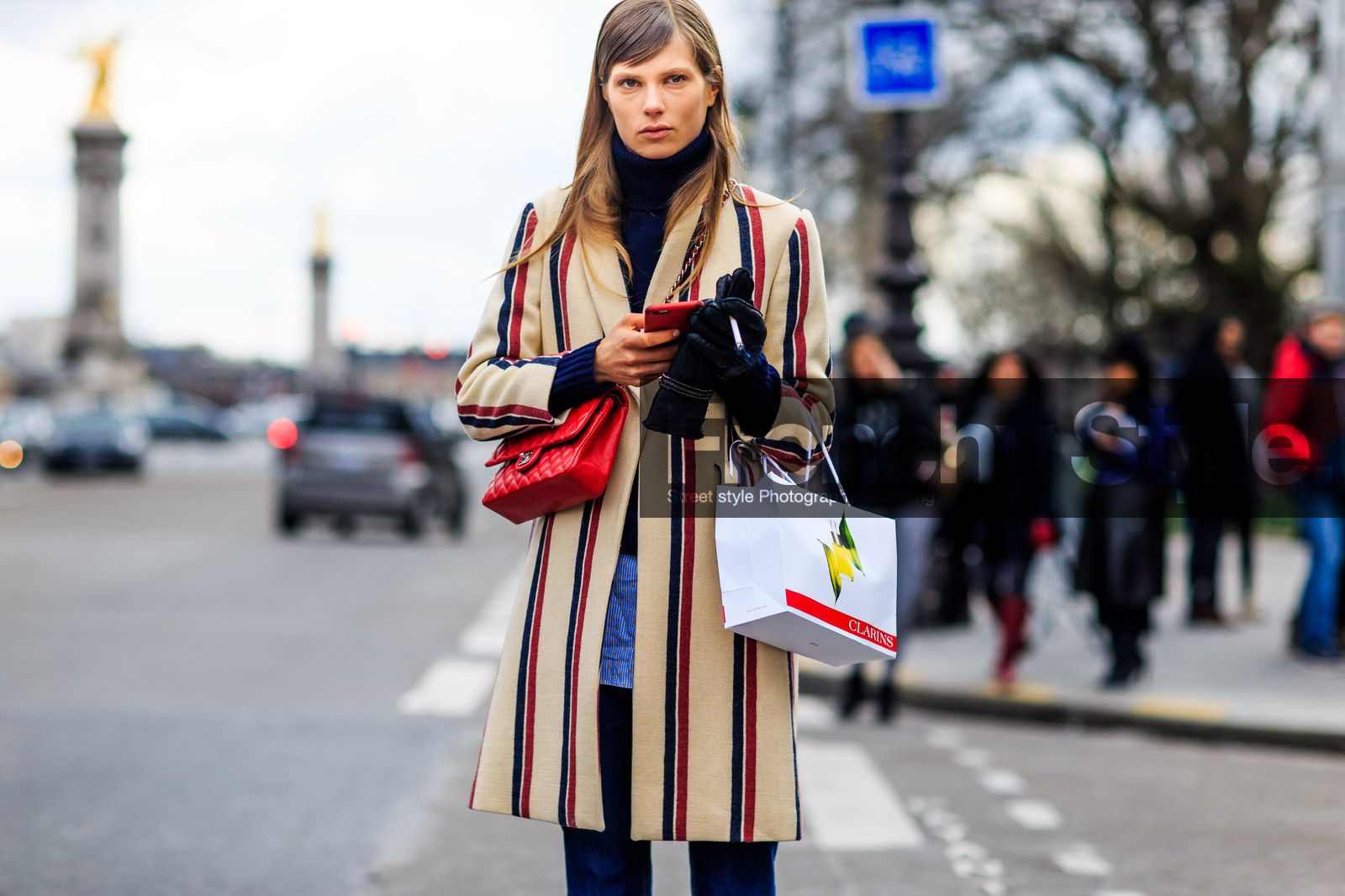 atmosphere details, AUTUMN WINTER 2016-2017, AW 16-17, beige coat, black gloves, Caroline Brasch Nielsen, chanel, detail, FALL WINTER 2016-2017, fashion week, frenchystyle, FW, FW 16-17, graphic coat, horizontal, jonathan paciullo, leather bag, model, PARIS, PFW, red bag, street style, striped coat, stripes, turtleneck sweater