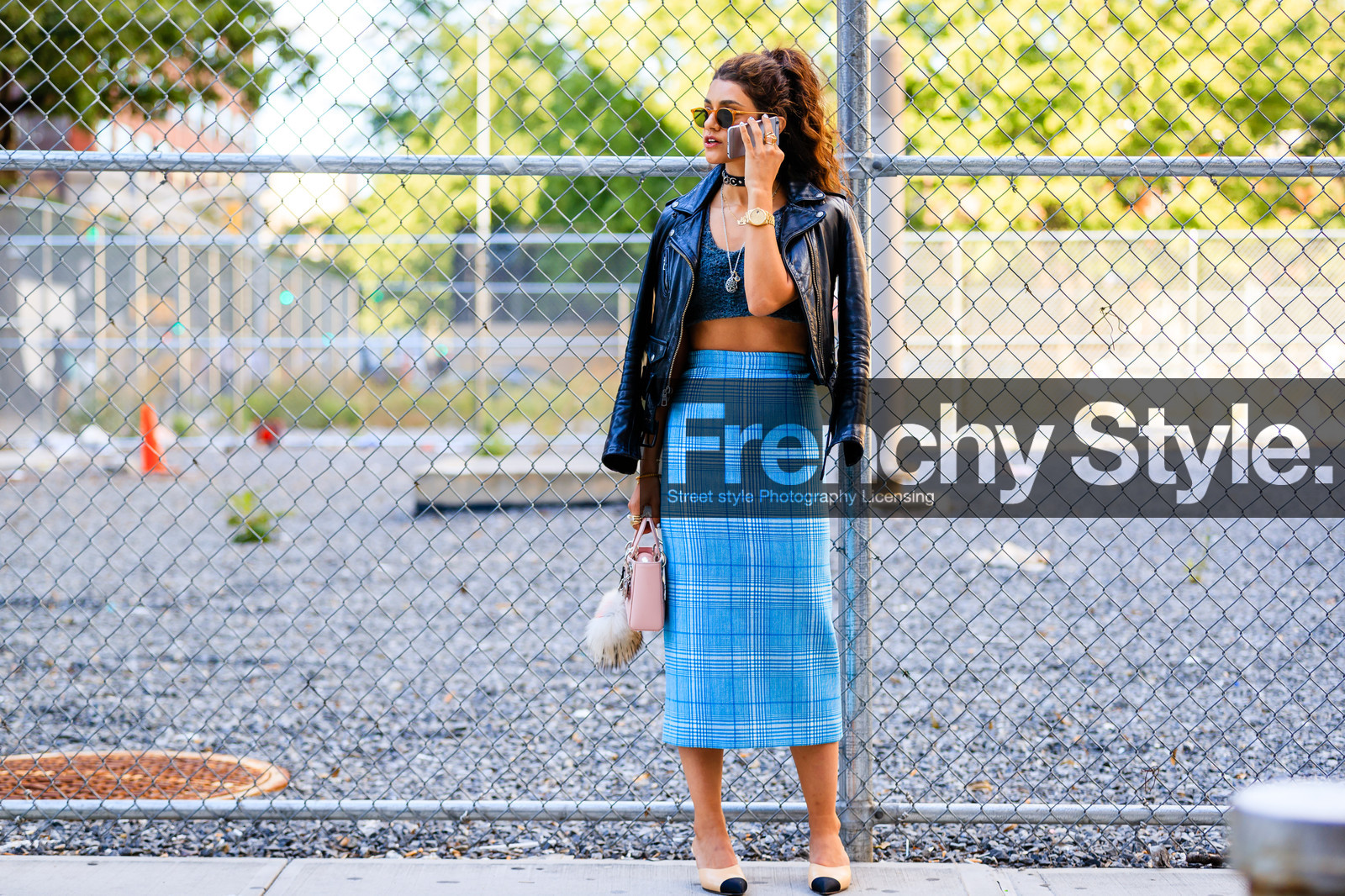 atmosphere details, beige shoes, black jacket, black perfecto, blue skirt, chanel, choker, christian dior, crop top, fashion week, fendi, frenchystyle, full length, fur bag, FW, grey top, high waist, horizontal, jewellery, jonathan paciullo, leather jacket, leather perfecto, necklace, NEW YORK, NYFW, pink bag, SPRING SUMMER 2017, SS 17, street style, sunglasses, turquoise, watch, woman