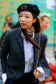 gucci hat, black hat, white shirt, dark grey jacket, nude scarf, vetements scarf, letter printed scarf, sheer glasses, monogrammed bag, celine bag, brown leather bag, bucket bag, thom browne shirt, fashion week, frenchystyle, FW, jonathan paciullo, street style, PFW, PARIS, SPRING SUMMER 2020, SS 20, horizontal, atmosphere details, detail