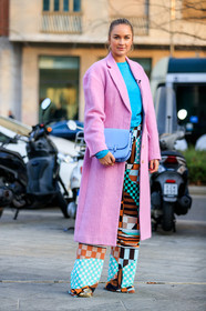 blue bag, blue pants, blue sweater, checked, graphic pants, leather bag, multicolor pants, nina suess, pink coat, plaid, printed pants, trousers, fashion week, frenchystyle, FW, jonathan paciullo, street style, MFW, MILAN, AUTUMN WINTER 2019-2020, AW 19-20, FALL WINTER 2019-2020, FW 19-20, vertical, full length
