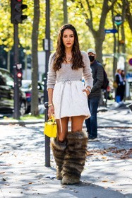 bag, beige knitwear, boots, fluffly boots, fur boots, knitwear, quilted skirt, skirt, Tamara Kalinic, white skirt, yellow bag, fashion week, frenchystyle, FW, jonathan paciullo, street style, PFW, PARIS, SPRING SUMMER 2022, SS 22, vertical, full length