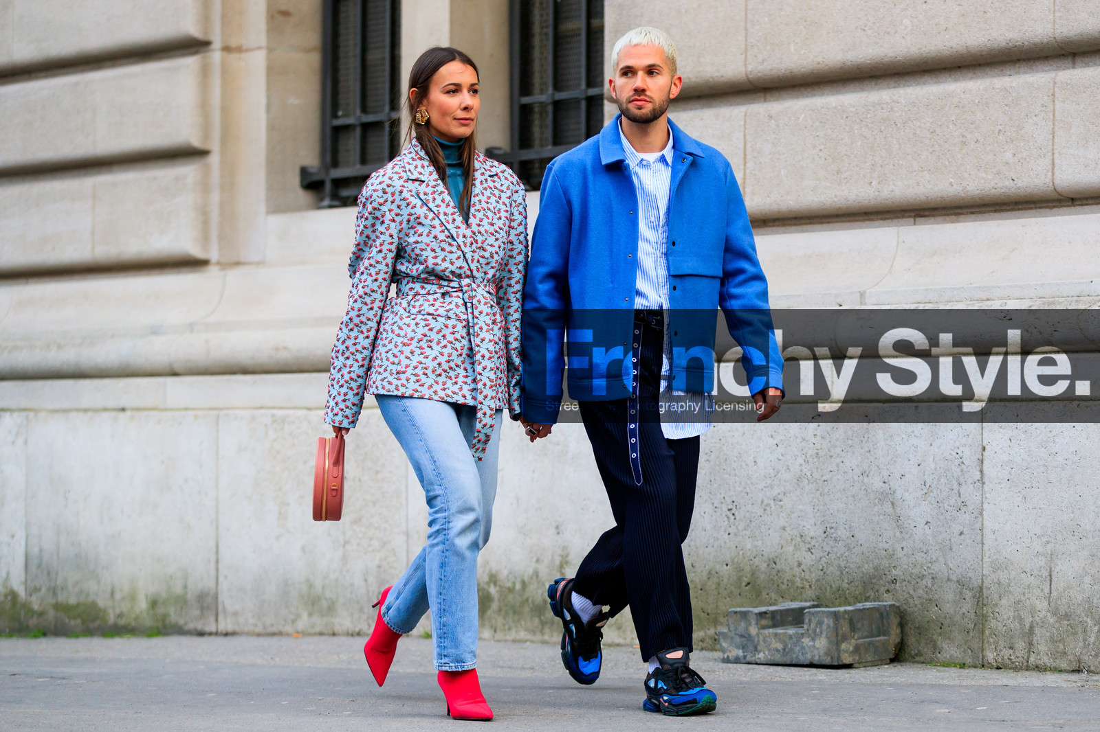 belt, blue denim, blue jacket, blue shirt, blue sneakers, denim pants, dyed hair, graphic jacket, high heels, jeans, leather bag, leather shoes, navy pants, pink bag, printed jacket, red boots, striped shirt, trousers, tucked in, street style, jonathan paciullo, FW, frenchystyle, fashion week, PFW, PARIS, AUTUMN WINTER 2018-2019, FALL WINTER 2018-2019, FW 18-19, horizontal, atmosphere details, full length, alice & j.s