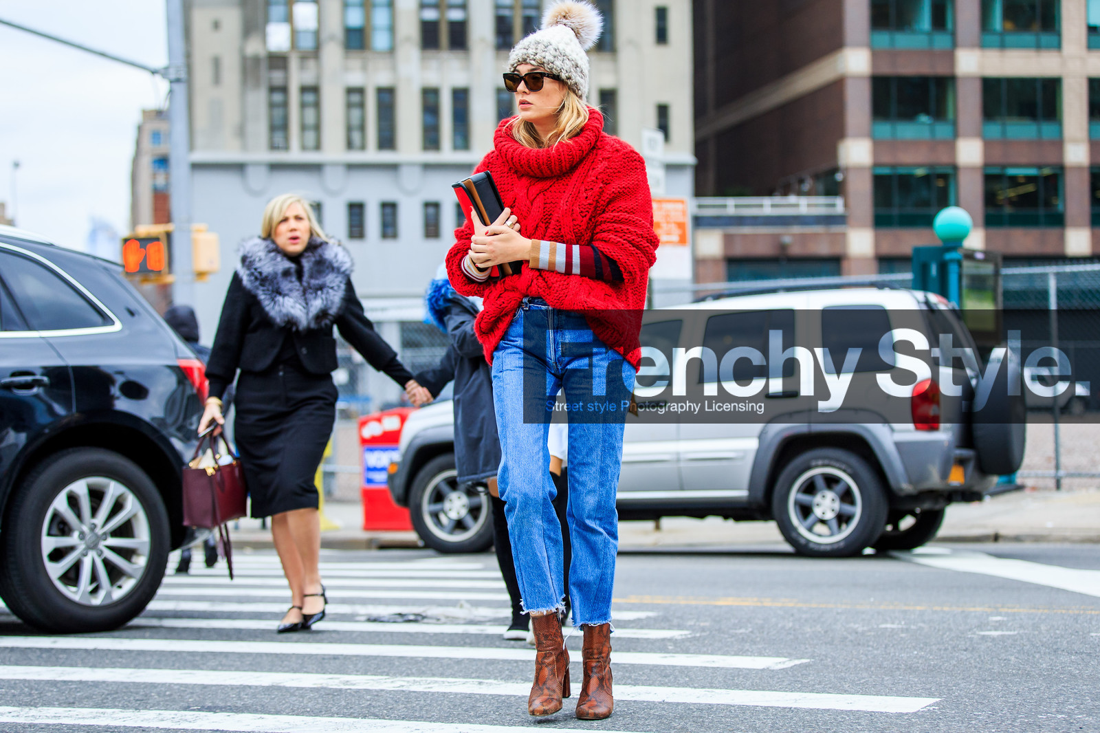 animal print, atmosphere details, AUTUMN WINTER 2016-2017, AW 16-17, blue denim, brown boots, camille charriere, denim pants, fashion week, frenchystyle, full length, FW, FW 16-17, high boots, high heels, horizontal, jeans, jonathan paciullo, leather shoes, NEW YORK, NYFW, ripped pants, snake print, street style, sunglasses, trousers, woman