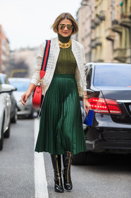 AUTUMN WINTER 2016-2017, aviator sunglasses, AW 16-17, black boots, embroidered jacket, FALL WINTER 2016-2017, fashion week, frenchystyle, full length, FW, FW 16-17, golden jewelry, green skirt, green sweater, green turtleneck, gucci, high boots, high heels, jonathan paciullo, leather bag, leather boots, LFW, LONDON, MENSWEAR, necklace, pleated skirt, red bag, street style, sunglasses, thassia naves, tucked in, varnished leather shoes, vertical, white jacket