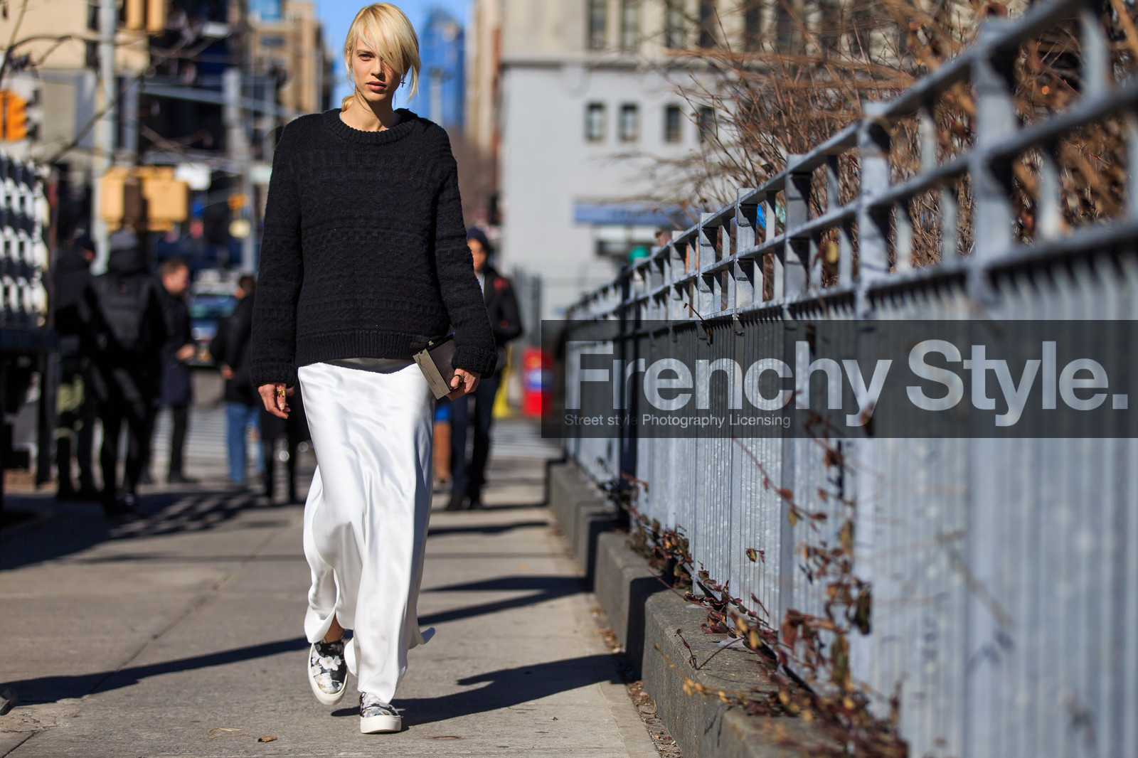 atmosphere details, AUTUMN WINTER 2016-2017, AW 16-17, aymeline valade, black slippers, black sweater, brown clutch, fashion week, frenchystyle, full length, FW, FW 16-17, horizontal, jonathan paciullo, long skirt, model, NEW YORK, NYFW, street style, white skirt, woman