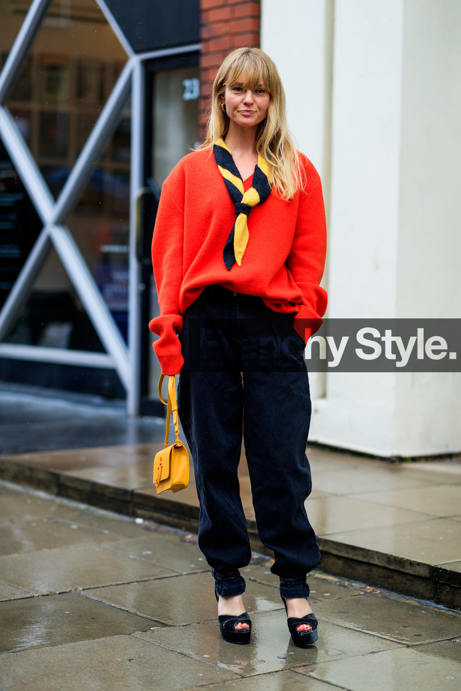 black denim, black shoes, denim pants, high heels, jeanette madsen, jeans, jw anderson, leather bag, leather shoes, red sweater, trousers, velvet, yellow bag, yellow scarf, LONDON, LFW, fashion week, frenchystyle, FW, jonathan paciullo, street style, AUTUMN WINTER 2019-2020, AW 19-20, FW 19-20, FALL WINTER 2019-2020, vertical, full length