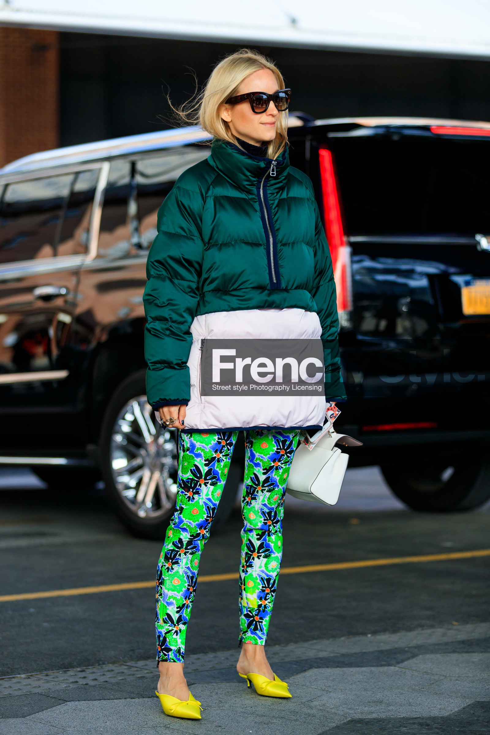 balenciaga, Charlotte Groeneveld, down jacket, floral, flowers, graphic pants, green jacket, green pants, high heels, leather bag, leather shoes, printed pants, sunglasses, tory burch, trousers, white bag, yellow shoes, street style, jonathan paciullo, frenchystyle, NYFW, NEW YORK, AUTUMN WINTER 2019-2020, AW 19-20, FALL WINTER 2019-2020, FW 19-20, fashion week, FW, vertical, full length