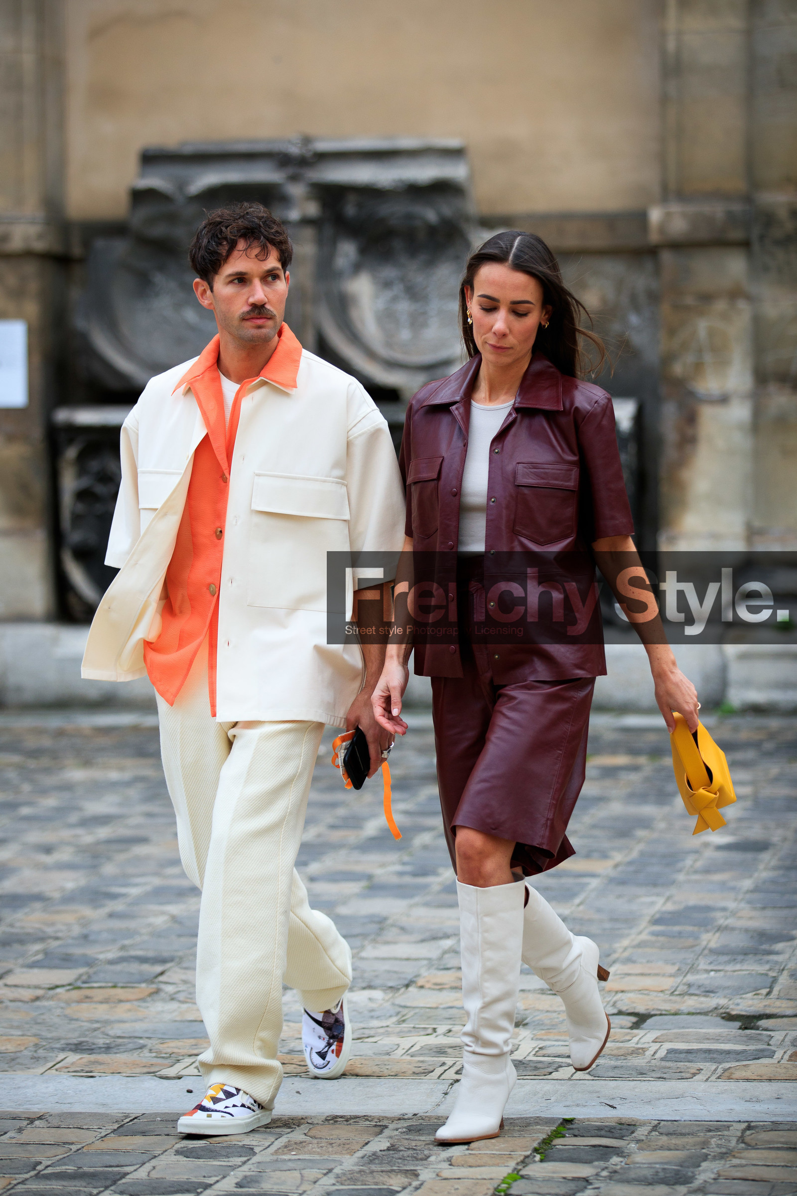 alice barbier, alice & j.s, JS roques, burgundy leather bermuda shorts, burgundy leather shirt, short sleeves shirt, white leather boots, high boots, high heels boots, yellow leather bag, hand bag, acne studios bag, white shirt, white pants, orange shirt, sheer shirt, organza shirt, vans shoes, white sneakers, geometrical printed shoes, PARIS, PFW, fashion week, frenchystyle, FW, jonathan paciullo, street style, SPRING SUMMER 2021, SS 21, vertical, full length