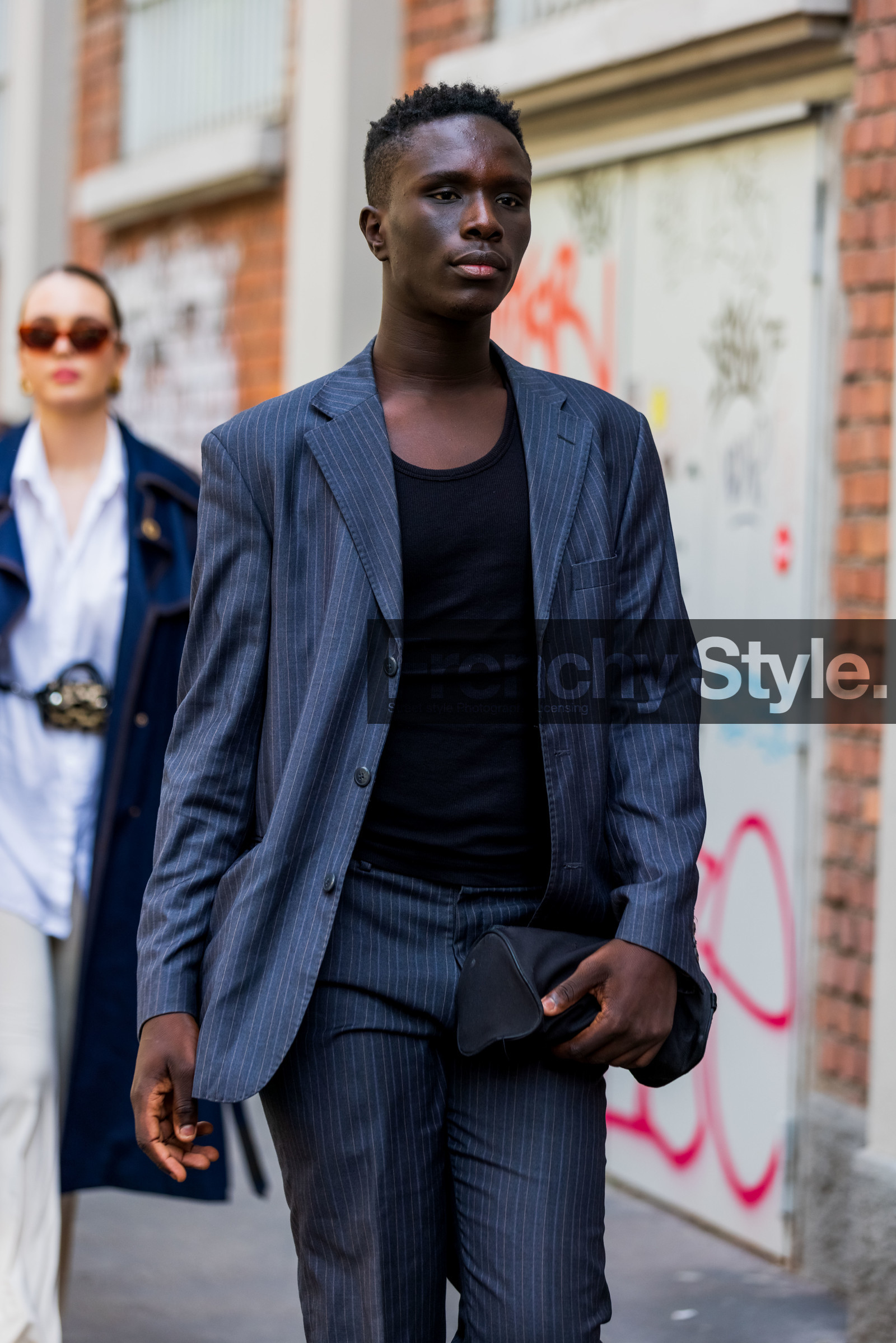 black top, blazer, blue suits, menswear, pants, stripes blazer, stripes pants, stripes suits, suits, fashion week, frenchystyle, FW, jonathan paciullo, street style, MFW, MILAN, SPRING SUMMER 2022, SS 22, vertical, atmosphere details, detail
