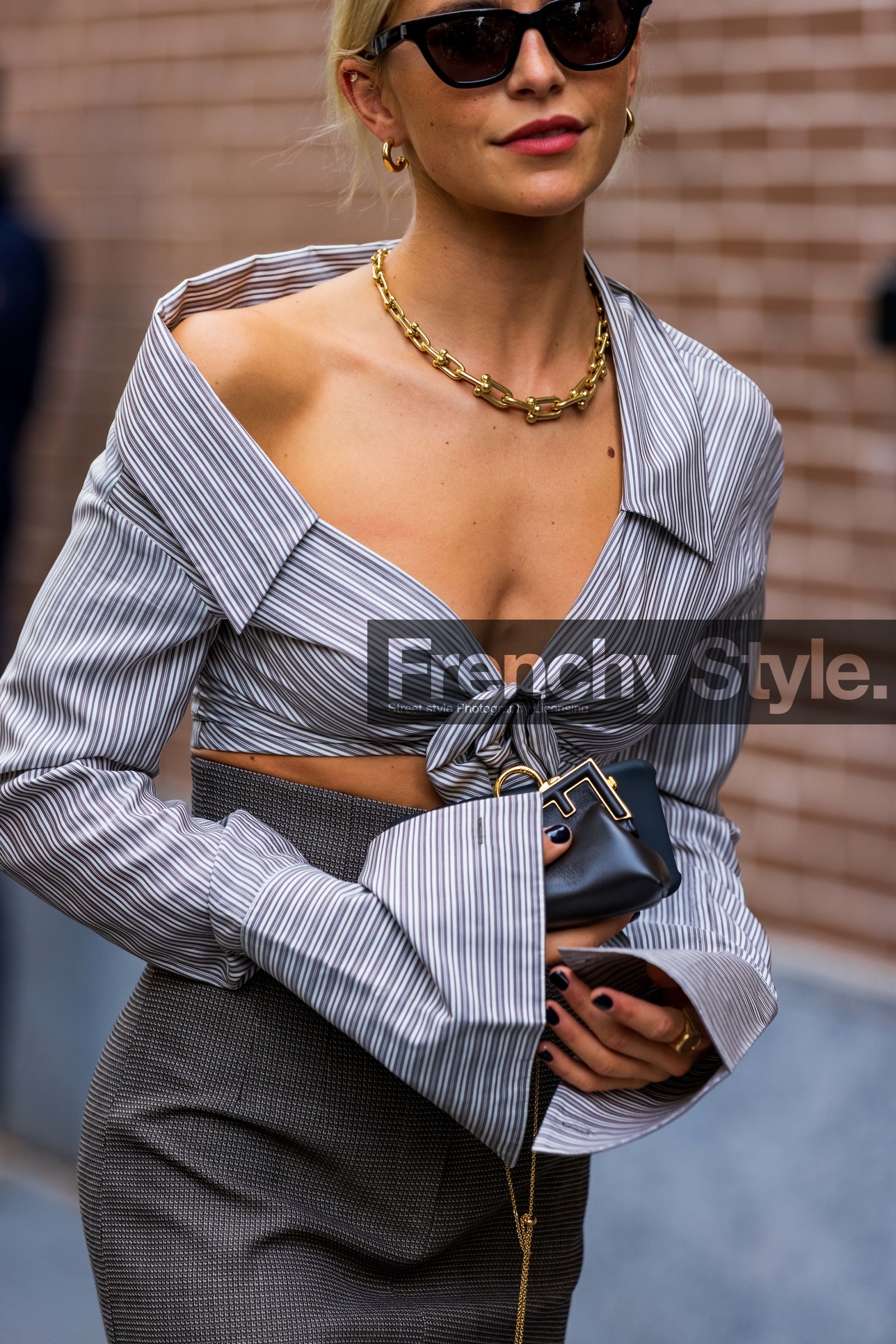 Caroline Daur, crop top, grey skirt, necklace, shirt, skirt, stripes shirt, sunglasses, fashion week, frenchystyle, FW, jonathan paciullo, street style, MFW, MILAN, SPRING SUMMER 2022, SS 22, vertical, atmosphere details, detail