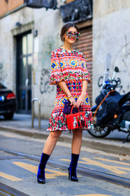 AUTUMN WINTER 2017-2018, AW 17-18, blue boots, dolce & gabbana, drawings, embroidered bag, embroidered dress, FALL WINTER 2017-2018, fashion week, frenchystyle, full length, fun sunglasses, FW, FW 17-18, high heels, jonathan paciullo, leather bag, leather shoes, MFW, MILAN, multicolor bag, printed dress, red bag, red dress, sequined bag, sequined dress, street style, sunglasses, velvet, vertical