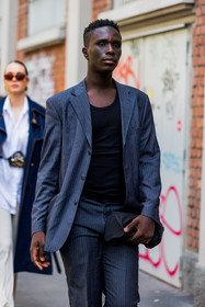 black top, blazer, blue suits, menswear, pants, stripes blazer, stripes pants, stripes suits, suits, fashion week, frenchystyle, FW, jonathan paciullo, street style, MFW, MILAN, SPRING SUMMER 2022, SS 22, vertical, atmosphere details, detail