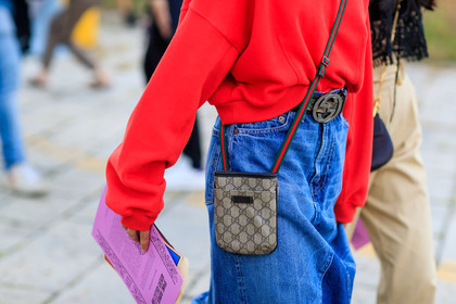 atmosphere details, blue denim, denim pants, detail, fashion week, frenchystyle, FW, gucci, horizontal, jeans, jonathan paciullo, leather bag, MFW, MILAN, mini bag, monogram, printed bag, red sweater, SPRING SUMMER 2017, SS 17, street style, trousers