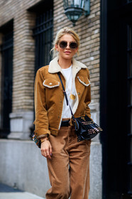 atmosphere details, black bag, brown jacket, brown pants, caro daur, corduroy, detail, fashion week, fendi, frenchystyle, fringes, fur collar, FW, graphic bag, jonathan paciullo, leather bag, NEW YORK, NYFW, prada, shearling, SPRING SUMMER 2018, SS 18, street style, studs, sunglasses, trousers, vertical, white fur, white t shirt