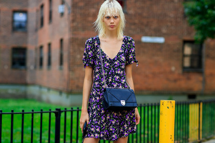 atmosphere details, black bag, christian dior, detail, fashion week, floral, flowers, frenchystyle, FW, graphic dress, horizontal, jonathan paciullo, leather bag, marjan jonkman, model, NEW YORK, NYFW, printed dress, purple dress, SPRING SUMMER 2018, SS 18, street style