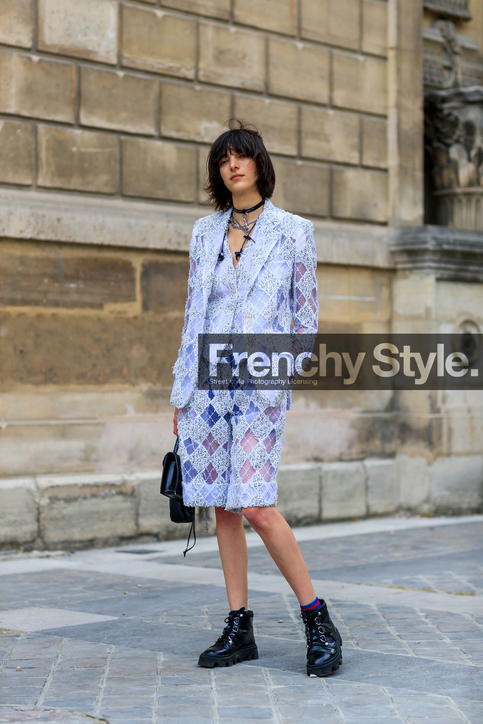 black bag, black boots, blazer, checked suit, choker, embroidered jacket, embroidered shorts, fashion week, frenchystyle, full length, FW, glitter, jonathan paciullo, leather bag, leather shoes, MENSWEAR, model, necklace, PARIS, PFW, plaid, see through, sequined jacket, SPRING SUMMER 2018, SS 18, street style, tartan, thom browne, vertical, white jacket, white shorts, white suit