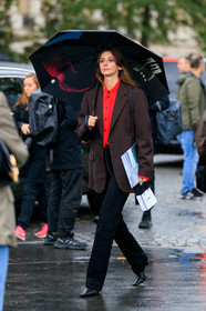 brie welch, brown jacket, red jacket, black pants, flare pants, black leather boots, sharp end boots, PARIS, PFW, SPRING SUMMER 2020, SS 20, fashion week, frenchystyle, FW, jonathan paciullo, street style, vertical, full length
