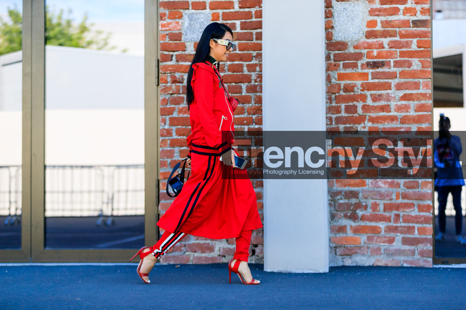 atmosphere details, fashion week, frenchystyle, full length, FW, graphic pants, graphic skirt, gucci, high heels, horizontal, jonathan paciullo, leather bag, leather shoes, MFW, MILAN, printed pants, printed skirt, red bag, red jacket, red pants, red shoes, red skirt, red sweater, SPRING SUMMER 2018, SS 18, street style, sunglasses, tone on tone, total look red, trousers, yuwei zhangzou, yuyu zhangzou