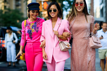 aimee song, atmosphere details, beige dress, black cap, blazer, camila coelho, Chriselle Lim, detail, earrings, embroidered sweater, fashion week, floral, flowers, frenchystyle, FW, horizontal, jonathan paciullo, leather bag, NEW YORK, NYFW, pink bag, pink jacket, pink pants, pink suit, pink sweater, ray ban, sequined sweater, SPRING SUMMER 2018, SS 18, street style, sunglasses, trousers, yellow bag