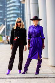 black denim, black jacket, black pants, caroline vreeland, denim jacket, denim pants, earrings, graphic jacket, graphic pants, high heels, jeans, leather gloves, leather shoes, polka dot, printed jacket, printed pants, purple boots, purple dress, purple hat, red gloves, shea marie, studs, sunglasses, trousers, fashion week, frenchystyle, FW, jonathan paciullo, street style, MFW, MILAN, SPRING SUMMER 2019, SS 19, vertical, full length