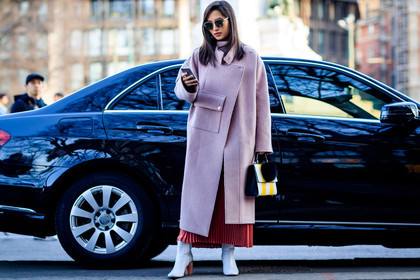 atmosphere details, AUTUMN WINTER 2017-2018, AW 17-18, FALL WINTER 2017-2018, fashion week, frenchystyle, full length, FW, FW 17-18, graphic bag, high heels, horizontal, jonathan paciullo, leather bag, leather shoes, MFW, MILAN, pink coat, pleated skirt, printed bag, red skirt, street style, striped bag, sunglasses, white boots, yellow bag