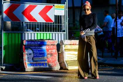 atmosphere details, fashion week, frenchystyle, full length, FW, green pants, headband, horizontal, jenny walton, jonathan paciullo, navy sweater, PARIS, PFW, red scarf, SPRING SUMMER 2017, SS 17, street style, striped top, sunglasses, trousers, wide pants