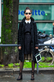 AUTUMN WINTER 2016-2017, AW 16-17, aztracan, belted dress, black bag, black belt, black coat, black dress, black sandals, black shirt, black shoes, choker, embroidered bag, FALL WINTER 2016-2017, fashion week, floral, flower, frenchystyle, full length, fun sunglasses, FW, FW 16-17, jonathan paciullo, lace up shoes, leather bag, leather belt, LFW, LONDON, MENSWEAR, necklace, oksana on, shirt dress, street style, suede shoes, sunglasses, tights, vertical, white collar
