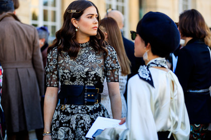 black belt, black dress, christian dior, earrings, embroidered dress, floral, flowers, graphic dress, hair clip, lace dress, leather belt, pearls, printed dress, fashion week, frenchystyle, FW, jonathan paciullo, street style, PFW, PARIS, AUTUMN WINTER 2019-2020, AW 19-20, FALL WINTER 2019-2020, FW 19-20, horizontal, atmosphere details, detail