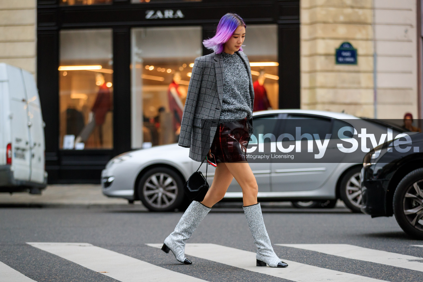 atmosphere details, black bag, blazer, bordeaux, burgundy, chanel, checked jacket, dyed hair, fashion week, frenchystyle, full length, FW, glitter, graphic jacket, grey jacket, grey sweater, high boots, high heels, horizontal, jonathan paciullo, leather bag, leather shoes, leather skirt, over the shoulder, PARIS, PFW, plaid, printed jacket, purple hair, red skirt, sequined boots, shiny boots, silver shoes, SPRING SUMMER 2018, SS 18, street style, irene kim