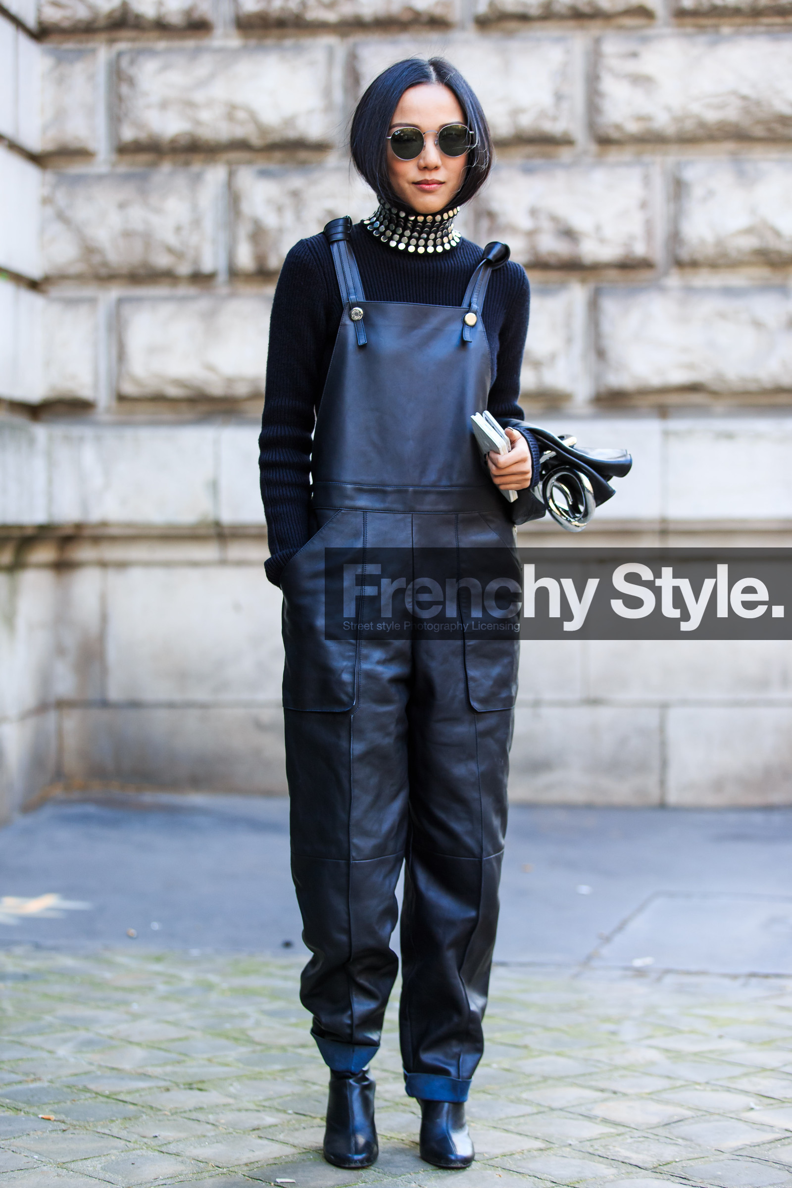 alexander wang, AUTUMN WINTER 2016-2017, AW 16-17, black boots, black jumpsuit, black overall, black sweater, FALL WINTER 2016-2017, fashion week, frenchystyle, full length, FW, FW 16-17, jonathan paciullo, leather boots, leather jumpsuit, leather overall, PARIS, PFW, ray ban, street style, studs, sunglasses, turtleneck sweater, vertical, yoyo cao