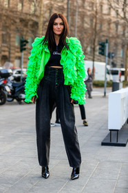 black denim, black shoes, black sweater, denim pants, green jacket, high heels, high waist jeans, jeans, leather shoes, message, ruffles, trousers, varnished leather shoes, fashion week, frenchystyle, FW, jonathan paciullo, street style, MFW, MILAN, AUTUMN WINTER 2019-2020, AW 19-20, FALL WINTER 2019-2020, FW 19-20, vertical, full length