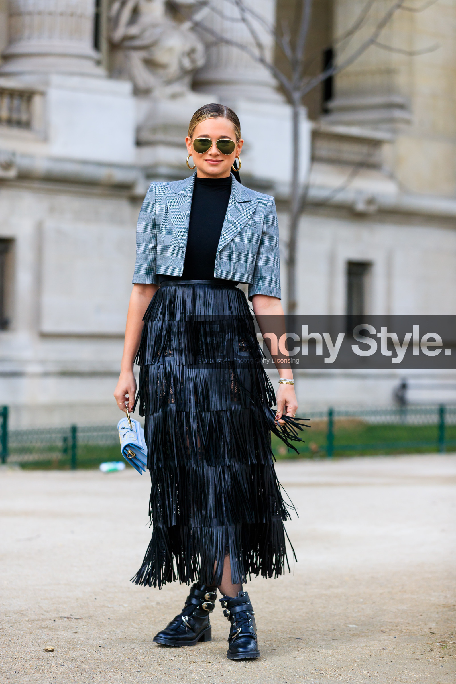 black shoes, black skirt, black top, blue bag, checked, fringes, graphic jacket, grey jacket, leather bag, leather shoes, leather skirt, plaid, printed jacket, sunglasses, street style, jonathan paciullo, FW, frenchystyle, fashion week, PFW, PARIS, AUTUMN WINTER 2018-2019, FALL WINTER 2018-2019, FW 18-19, vertical, full length, danielle bernstein