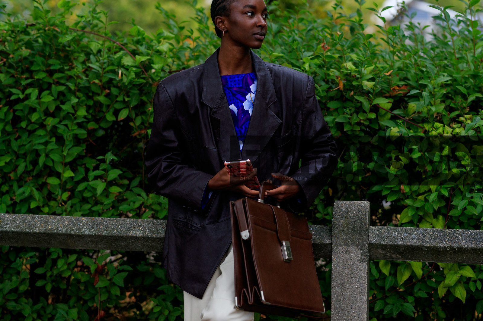 model, black leather jacket, white leather pants, oversize jacket, blue blouse, floral printed blouse, golden earrings, dangling earrings, brown leather bag, box bag, hand bag, fashion week, frenchystyle, FW, jonathan paciullo, street style, SPRING SUMMER 2020, SS 20, PFW, PARIS, horizontal, atmosphere details, detail