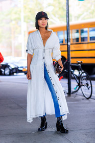 aimee song, black bag, black boots, black cap, black shoes, blue denim, denim pants, fashion week, frenchystyle, full length, FW, graphic bag, jeans, jonathan paciullo, leather bag, leather shoes, louis vuitton, monogram, NEW YORK, NYFW, printed bag, SPRING SUMMER 2018, SS 18, street style, trousers, vertical, white dress