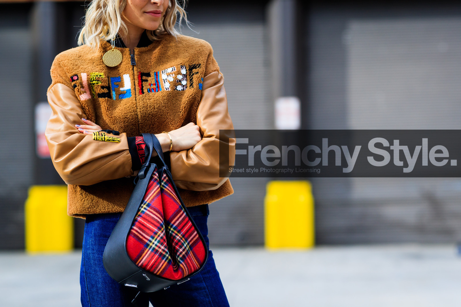 atmosphere details, blue denim, brown cap, brown jacket, caro daur, checked bag, corduroy, denim pants, detail, earrings, fashion week, fendi, frenchystyle, FW, graphic bag, high waist, horizontal, jeans, jonathan paciullo, leather bag, leather jacket, NEW YORK, NYFW, plaid, printed bag, red bag, shearling, SPRING SUMMER 2018, SS 18, street style, tartan, trousers