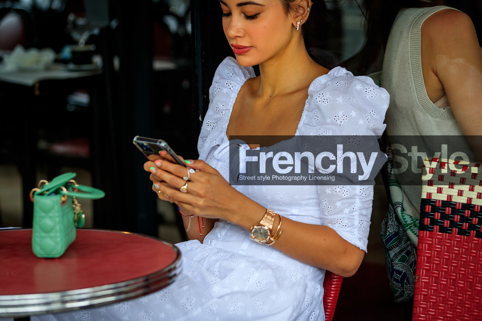 white dress, ruffle dress, lace dress, low necked dress, fashion week, frenchystyle, FW, jonathan paciullo, street style, PFW, PARIS, AUTUMN WINTER 2021-2022, FALL WINTER 2021-2022, FW 21-22, atmosphere details, horizontal, detail