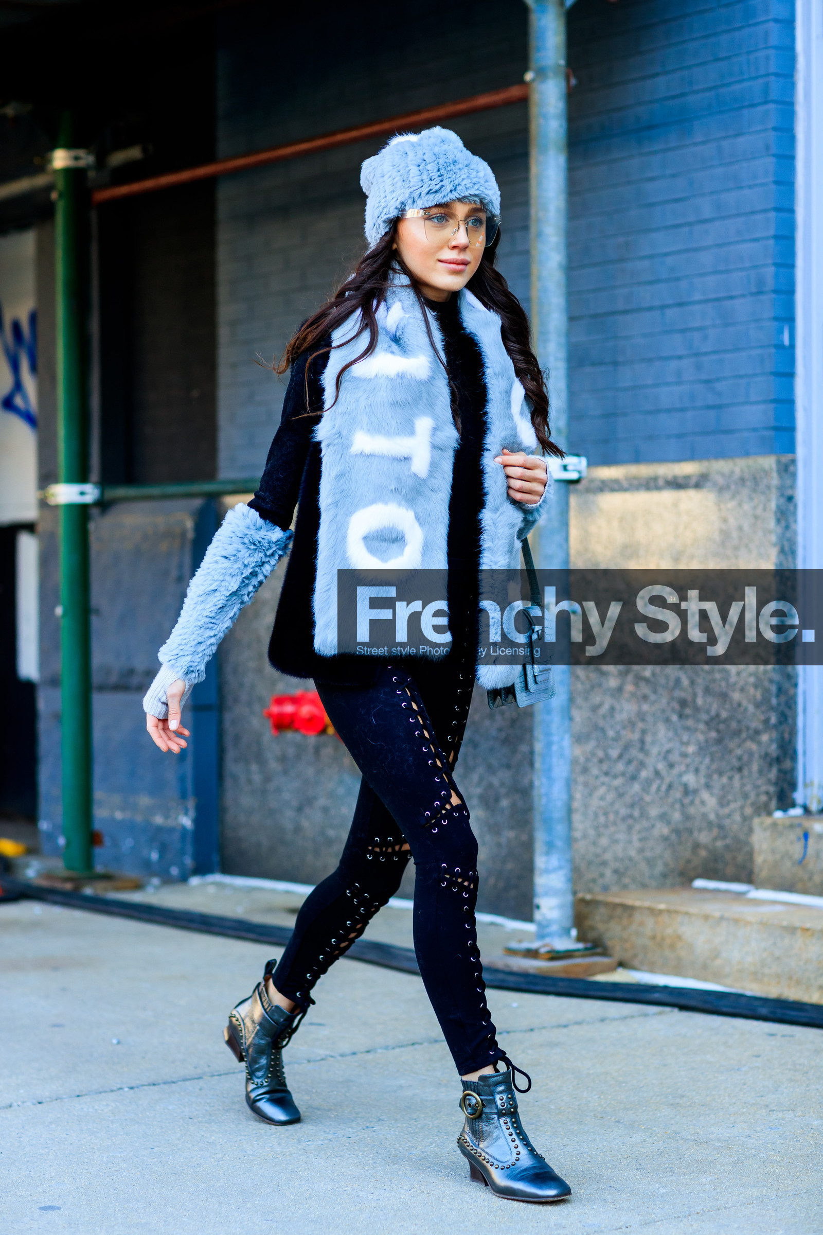 black pants, black sweater, blue beanie, blue fur, blue scarf, high heels, leather shoes, silver shoes, trousers, street style, jonathan paciullo, FW, frenchystyle, fashion week, NYFW, NEW YORK, AUTUMN WINTER 2018-2019, AW 18-19, FALL WINTER 2018-2019, FW 18-19, vertical, full length