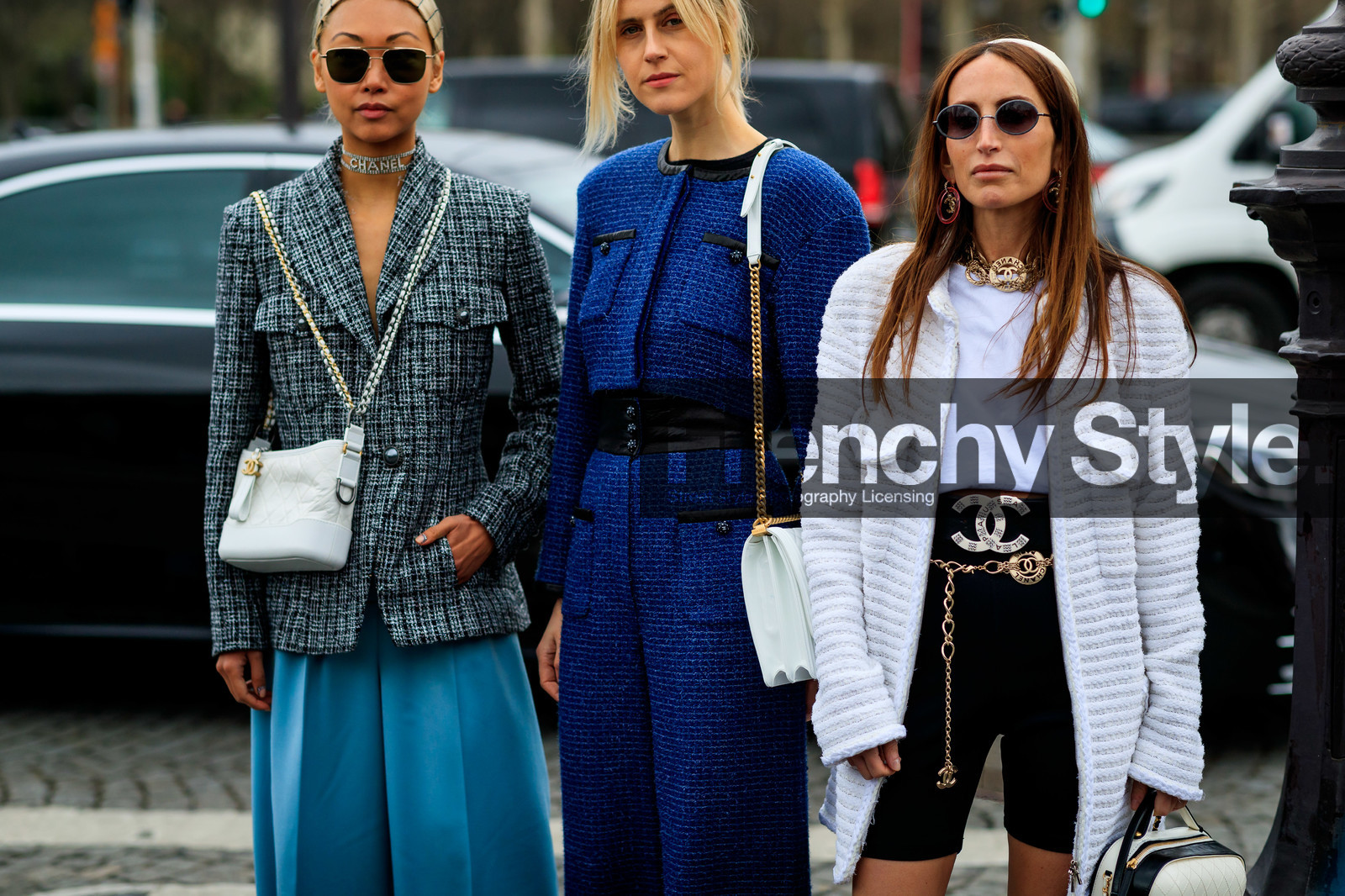 belt, black shorts, blue jacket, blue pants, chanel, choker, grey jacket, headband, leather bag, necklace, sunglasses, trousers, tweed jacket, white bag, white jacket, white t shirt, PARIS, PFW, street style, jonathan paciullo, FW, frenchystyle, fashion week, AUTUMN WINTER 2019-2020, AW 19-20, FALL WINTER 2019-2020, FW 19-20, horizontal, atmosphere details, detail