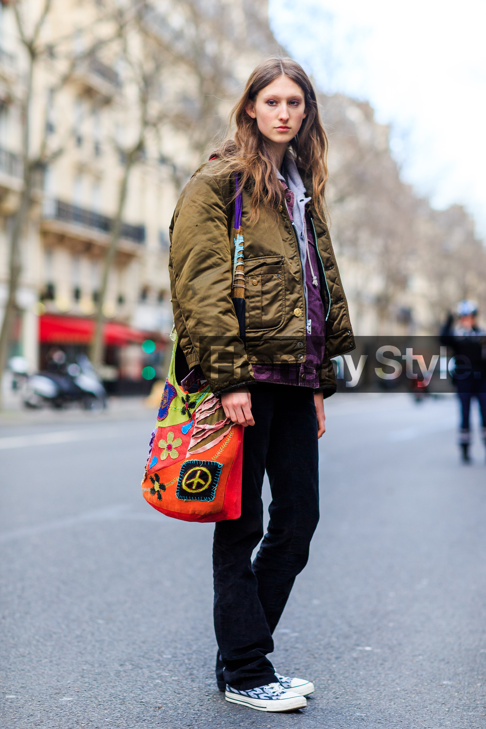 AUTUMN WINTER 2016-2017, AW 16-17, black pants, bomber jacket, converse, embroidered bag, FALL WINTER 2016-2017, fashion week, frenchystyle, full length, FW, FW 16-17, jonathan paciullo, kaki jacket, model, PARIS, PFW, printed bag, red bag, street style, trousers, velvet, vertical