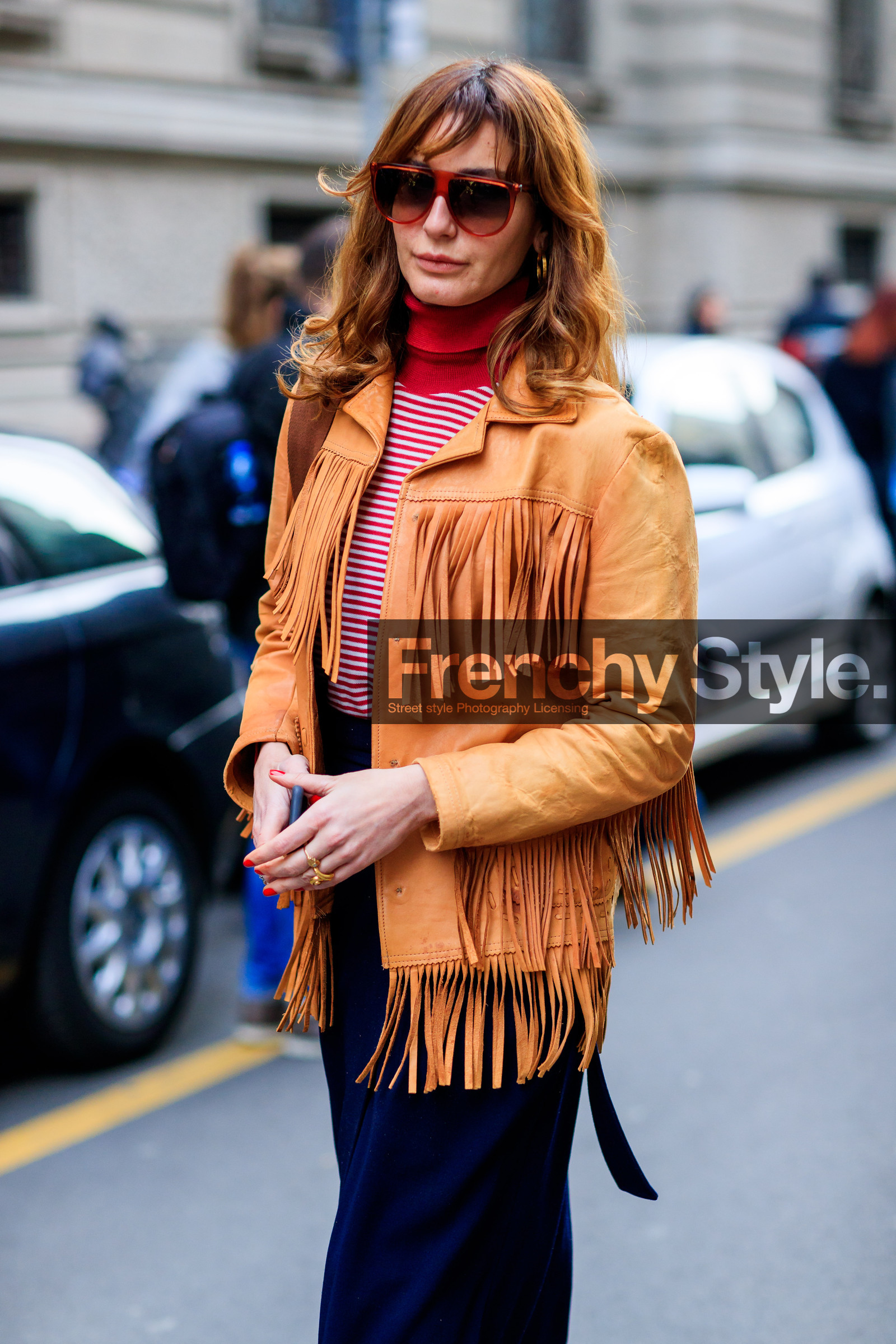 AUTUMN WINTER 2017-2018, AW 17-18, beige jacket, detail, ece sukan, FALL WINTER 2017-2018, fashion week, frenchystyle, fringes, FW, FW 17-18, graphic sweater, jonathan paciullo, leather jacket, MFW, MILAN, navy skirt, printed sweater, red sweater, street style, striped sweater, sunglasses, vertical