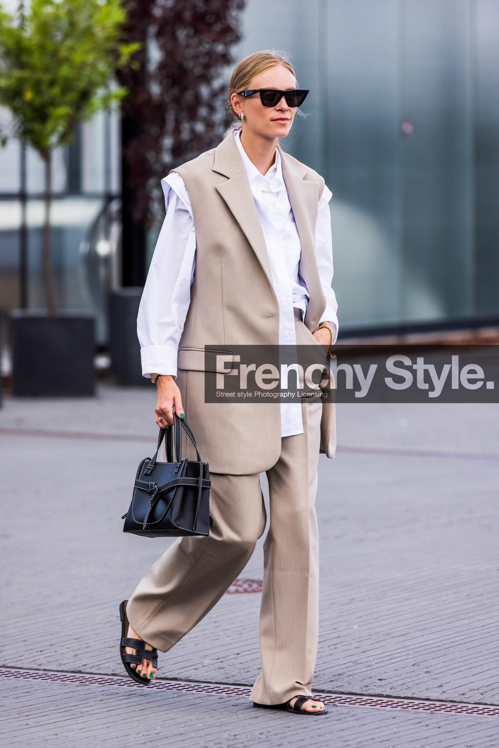 bag, beige blazer, beige pants, black bag, black sunglasses, hermes sandals, large pants, leather bag, leather sandals, mules, shirt, sleveless blazer, suit, sunglasses, white shirt, Tine Andrea Lauvli, fashion week, frenchystyle, FW, jonathan paciullo, street style, SPRING SUMMER 2022, SS 22, COPENHAGEN, CPHFW, vertical, full length