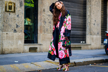 atmosphere details, AUTUMN WINTER 2017-2018, AW 17-18, black bag, black denim, black jacket, denim pants, embroidered shoes, erika boldrin, FALL WINTER 2017-2018, fashion week, floral, flower, flowers, frenchystyle, full length, FW, FW 17-18, graphic coat, graphic jacket, horizontal, jeans, jonathan paciullo, leather bag, leather shoes, MFW, MILAN, multicolor shoes, pink jacket, pink shirt, pink shoes, printed coat, printed jacket, printed shirt, robe, street style, trousers