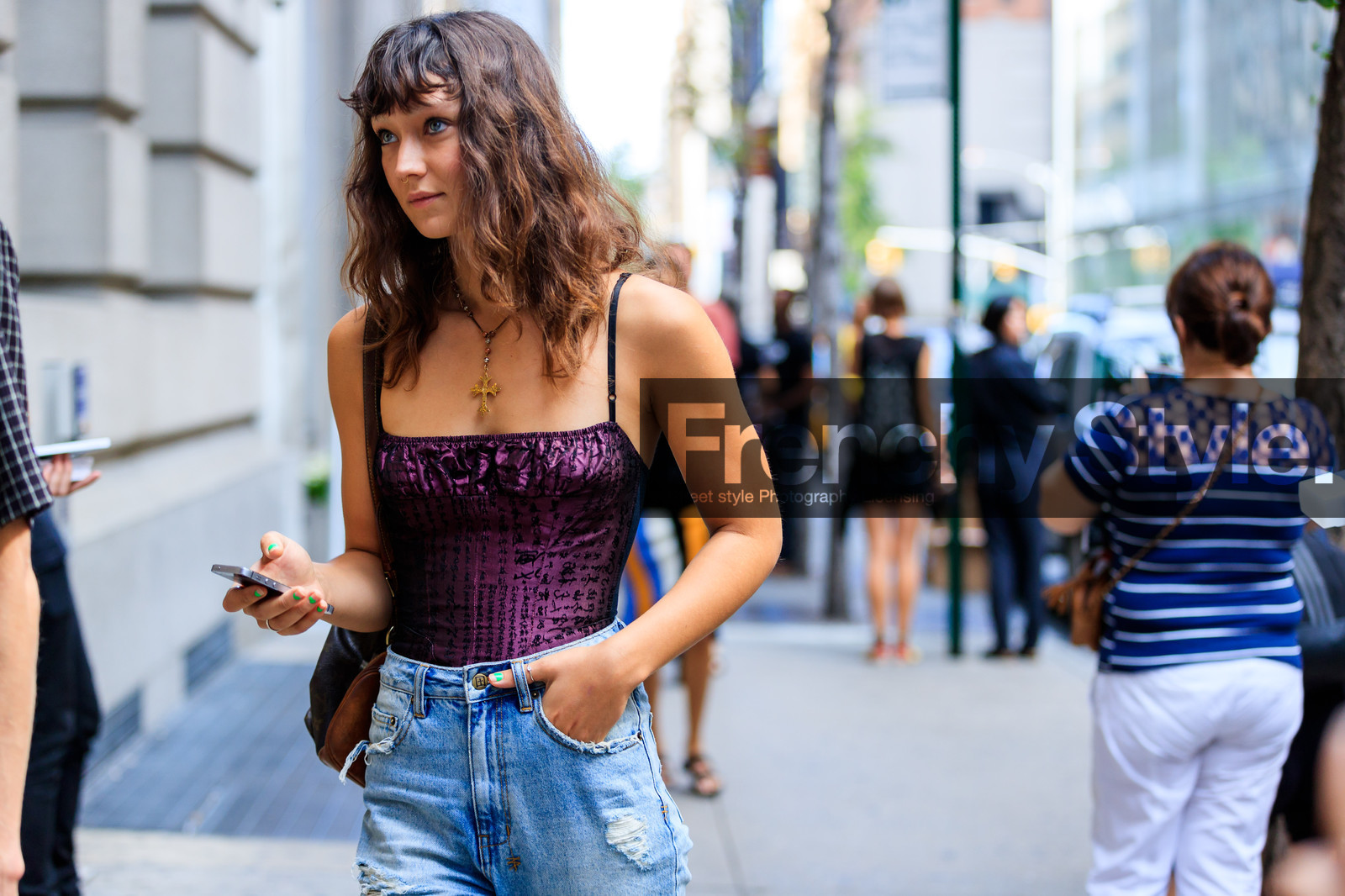 atmosphere details, blue denim, denim pants, detail, fashion week, frenchystyle, FW, high waist, horizontal, jeans, jonathan paciullo, necklace, NEW YORK, NYFW, purple top, SPRING SUMMER 2017, SS 17, street style, trousers, woman