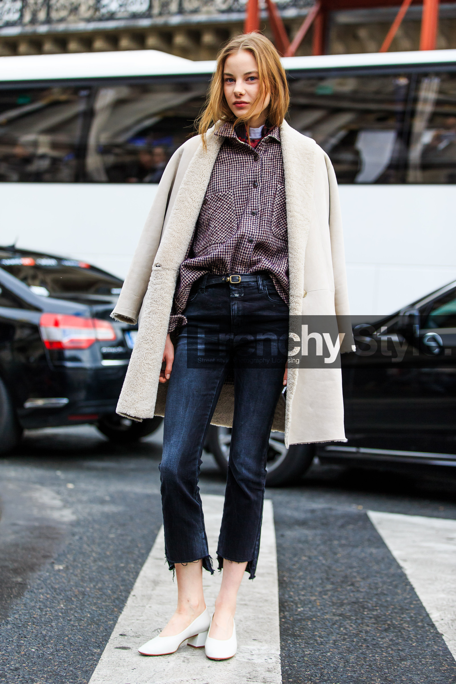 AUTUMN WINTER 2016-2017, AW 16-17, black belt, black denim, check shirt, denim pants, FALL WINTER 2016-2017, fashion week, frenchystyle, full length, FW, FW 16-17, jeans, jonathan paciullo, leather belt, leather shoes, over the shoulder, PARIS, PFW, plaid, ripped pants, shearling, street style, trousers, tucked in, vertical, white coat, white shoes