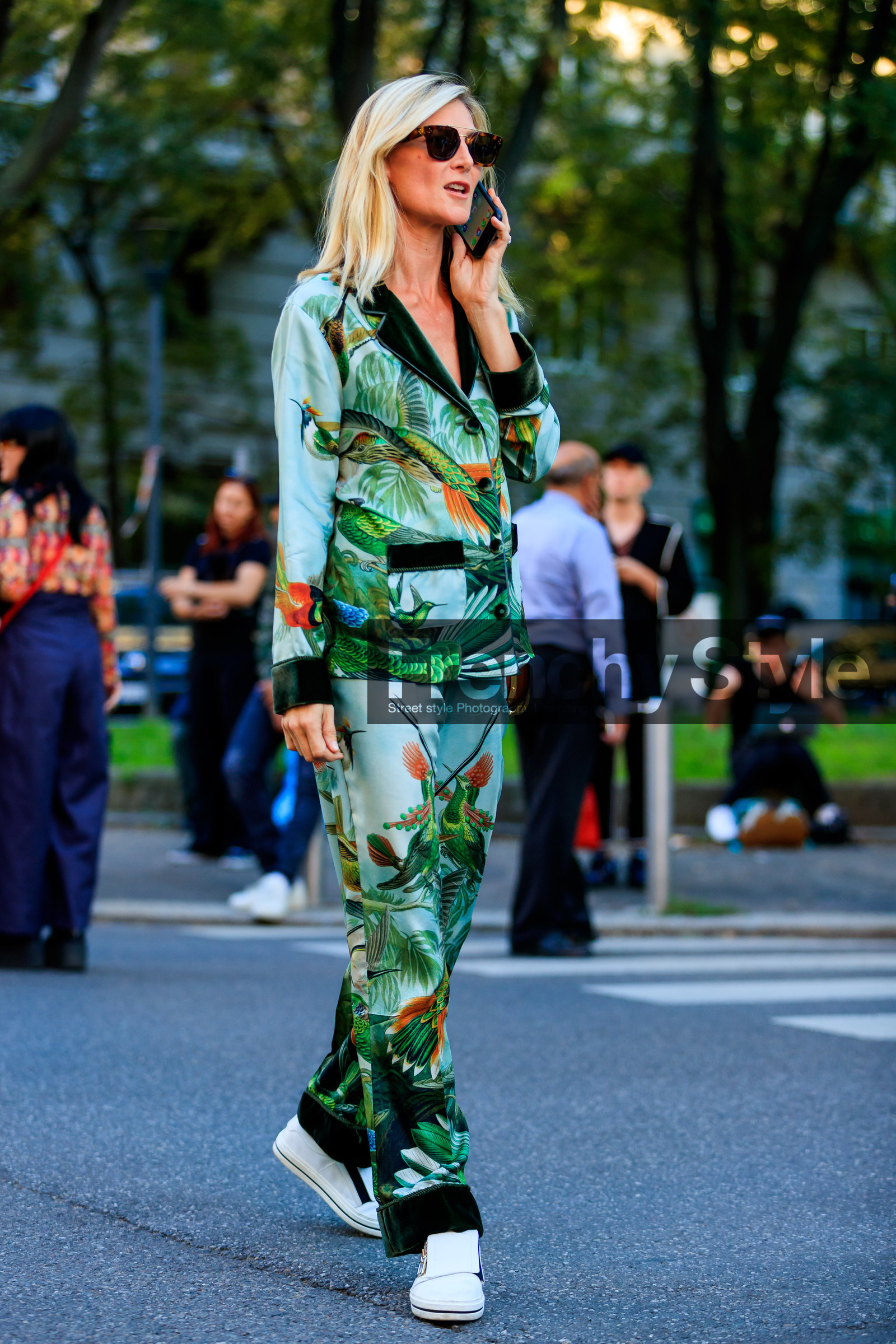 Elizabeth von Guttman, fashion week, floral, flowers, frenchystyle, full length, FW, graphic jacket, graphic pants, graphic shirt, jonathan paciullo, leather shoes, MFW, MILAN, printed jacket, printed pants, printed shirt, SPRING SUMMER 2018, SS 18, street style, sunglasses, trousers, vertical, white sneakers