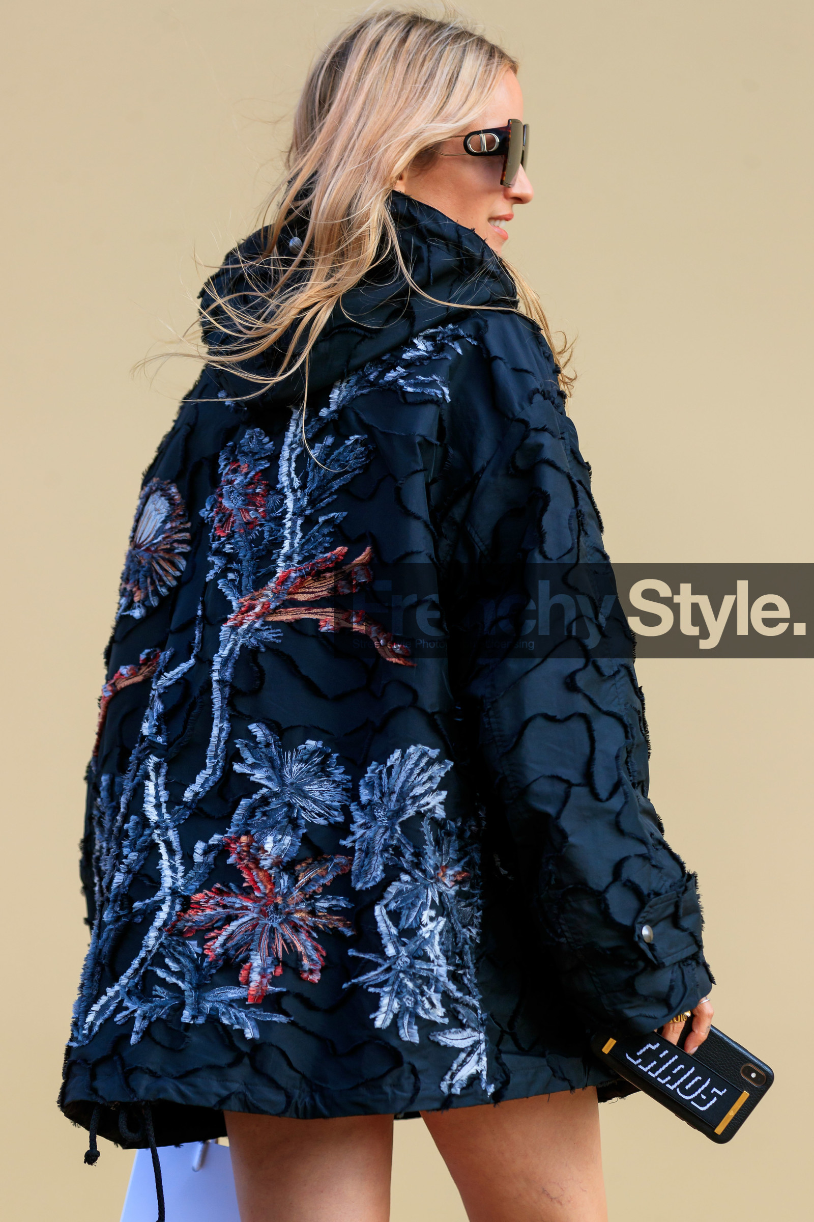 Charlotte Groeneveld, raincoat, black raincoat, black jacket, black coat, floral embroidered coat, floral embroidered jacket, used coat, used jacket, military printed coat, military printed jacket, dior coat, dior jacket, dior sunglasses, big sunglasses, square shape glasses, fashion week, frenchystyle, FW, jonathan paciullo, street style, PFW, PARIS, AUTUMN WINTER 2020-2021, FALL WINTER 2020-2021, FW 20-21, vertical, atmosphere details, detail