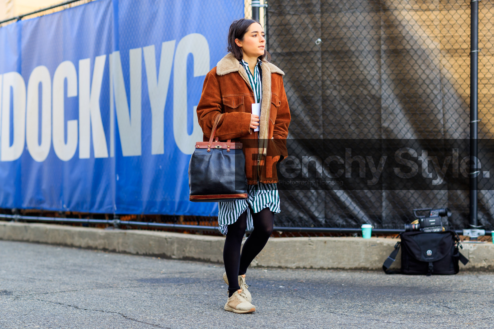 beige shoes, black bag, brown jacket, graphic shirt, leather bag, leather shoes, printed shirt, shearling, shirt dress, striped shirt, street style, jonathan paciullo, FW, frenchystyle, fashion week, NYFW, NEW YORK, AUTUMN WINTER 2018-2019, AW 18-19, FALL WINTER 2018-2019, FW 18-19, atmosphere details, horizontal, full length