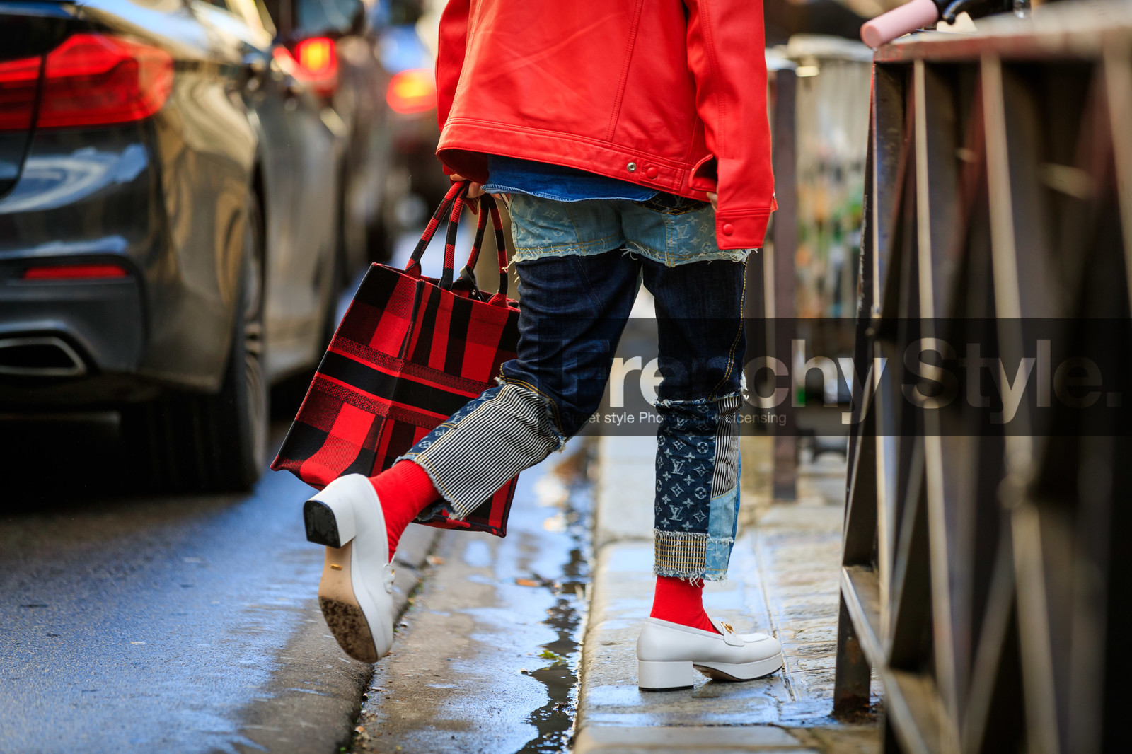 red leather jacket, red leather shirt, patchwork jeans, monogrammed jeans, used jeans, louis vuitton pants, denim, red socks, red bag, checked bag, black bag, shopping bag, hand bag, dior bag, gucci shoes, white leather loafers, back details, close up detail, fashion week, frenchystyle, FW, jonathan paciullo, street style, PFW, PARIS, AUTUMN WINTER 2020-2021, FALL WINTER 2020-2021, FW 20-21, horizontal, detail, atmosphere details