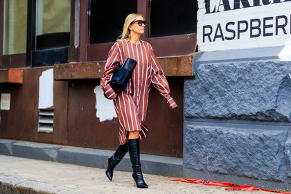 atmosphere details, black bag, black shoes, brown dress, celine aagaard, fashion week, frenchystyle, full length, FW, graphic bag, graphic dress, graphic shirt, high boots, high heels, horizontal, jonathan paciullo, leather bag, leather shoes, NEW YORK, NYFW, printed dress, printed shirt, shirt dress, SPRING SUMMER 2018, SS 18, street style, striped shirt, sunglasses