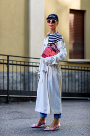 AUTUMN WINTER 2017-2018, AW 17-18, balenciaga, black cap, FALL WINTER 2017-2018, fashion week, frenchystyle, full length, FW, FW 17-18, graphic top, high heels, jonathan paciullo, leather bag, leather shoes, MFW, MILAN, pink bag, pink shoes, printed top, street style, striped sweater, sunglasses, trench coat, trousers, vertical, white coat